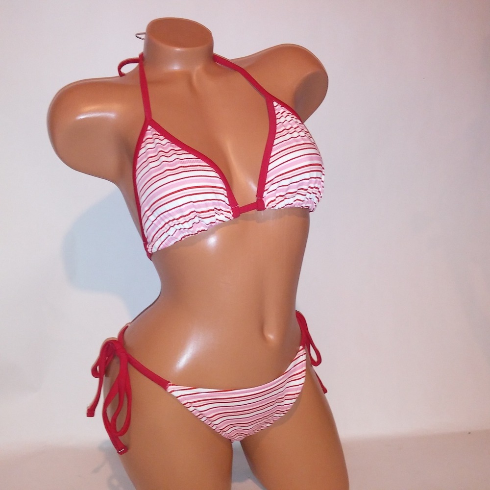 Victoria Secret PINK Swim Bikini Large Top & Bottom Pink Red White Stripe String